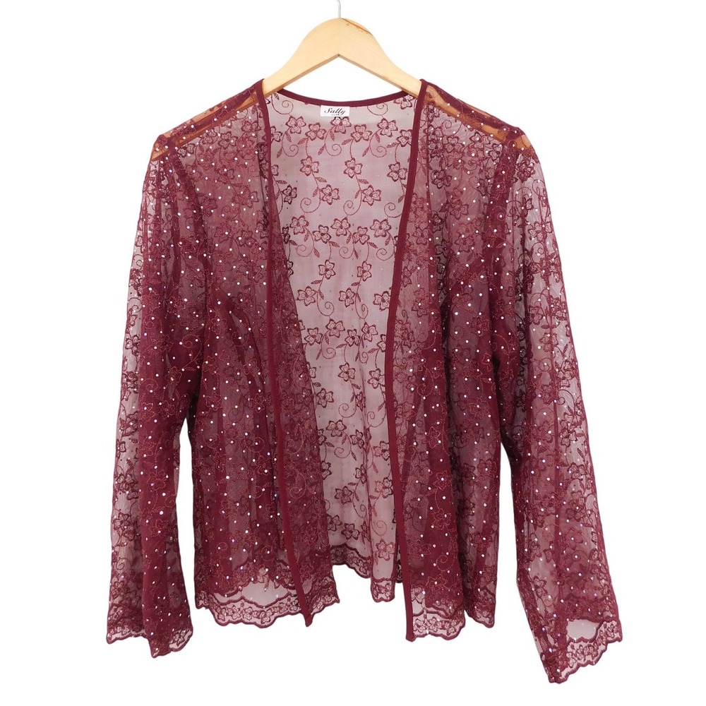 Sally USA Burgundy Sheer Floral Lace Sequin Open Front Cardigan Y2K Womens